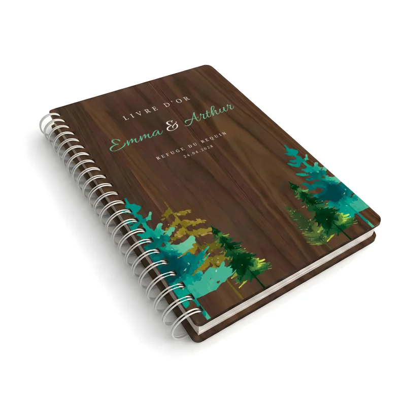 Livre d'or de mariage carnet en bois personnalisé - En noyer - Sapins printemps-été - hover