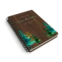 Livre d'or de mariage carnet en bois personnalisé - En noyer - Sapins printemps-été