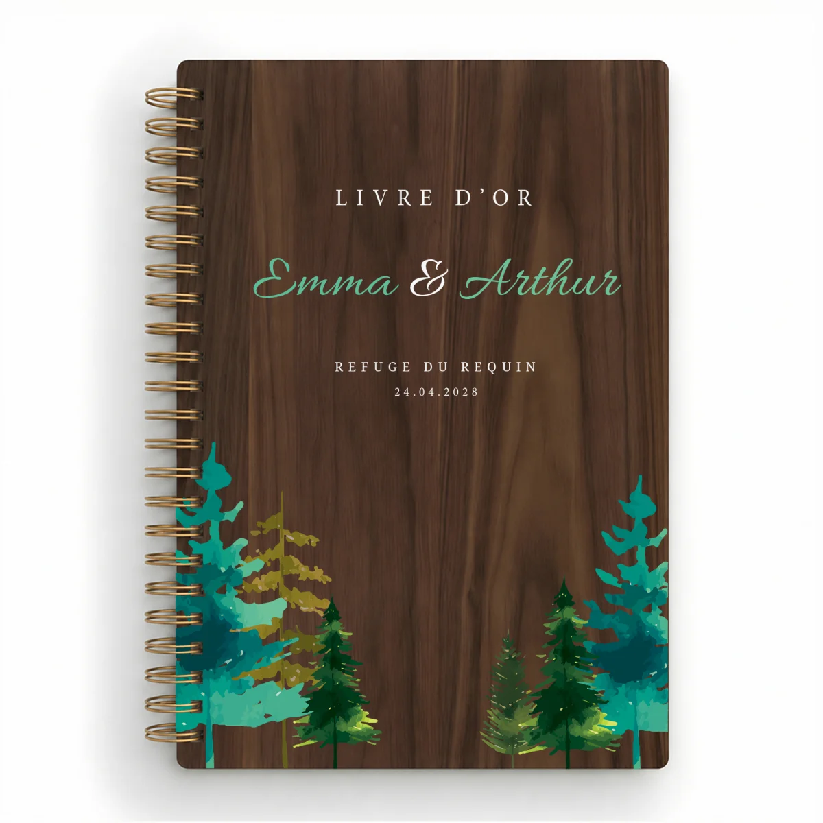 Livre d'or de mariage carnet en bois personnalisé - En noyer - Sapins printemps-été