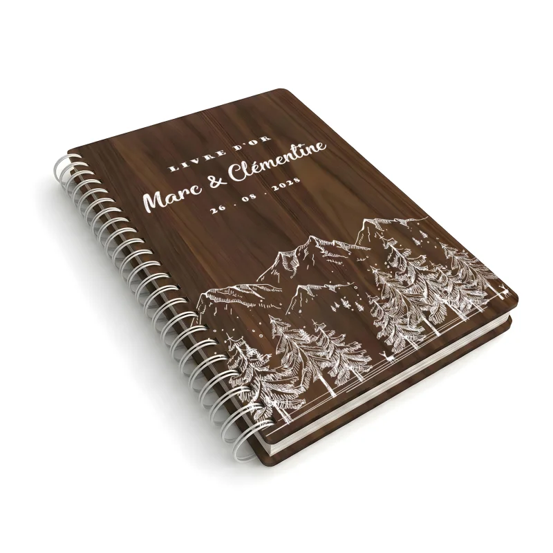 Livre d'or de mariage carnet en bois personnalisé - En noyer - Sommets alpins - hover