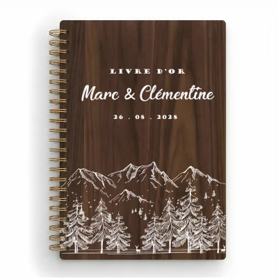 Livre d'or de mariage carnet en bois personnalisé - En noyer - Sommets alpins