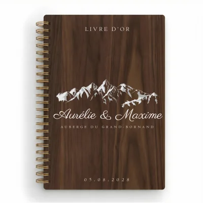 Livre d'or de mariage carnet en bois personnalisé - En noyer - Sommets enneigés