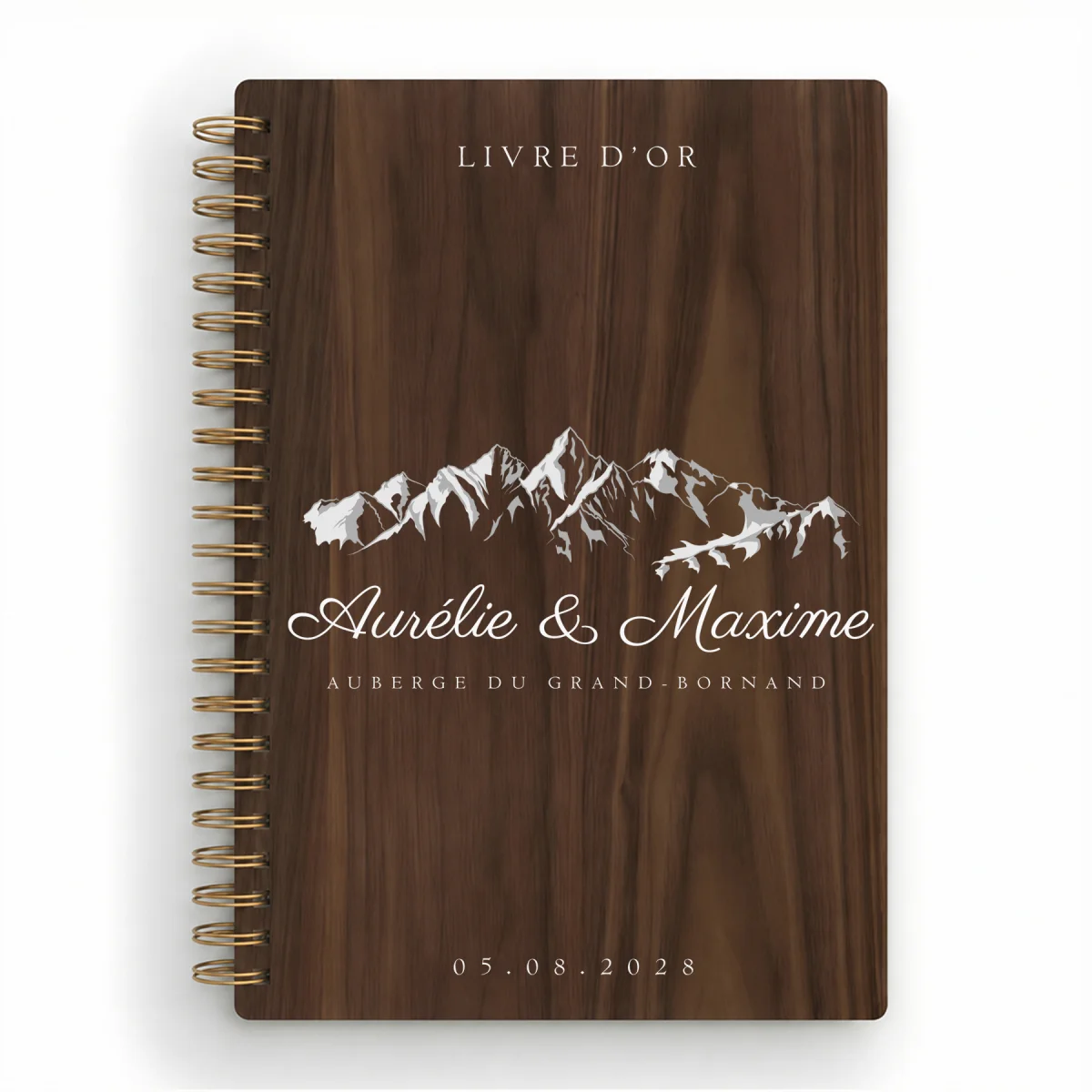 Livre d'or de mariage carnet en bois personnalisé - En noyer - Sommets enneigés