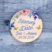 Save the date sur bois - Fleurs de printemps