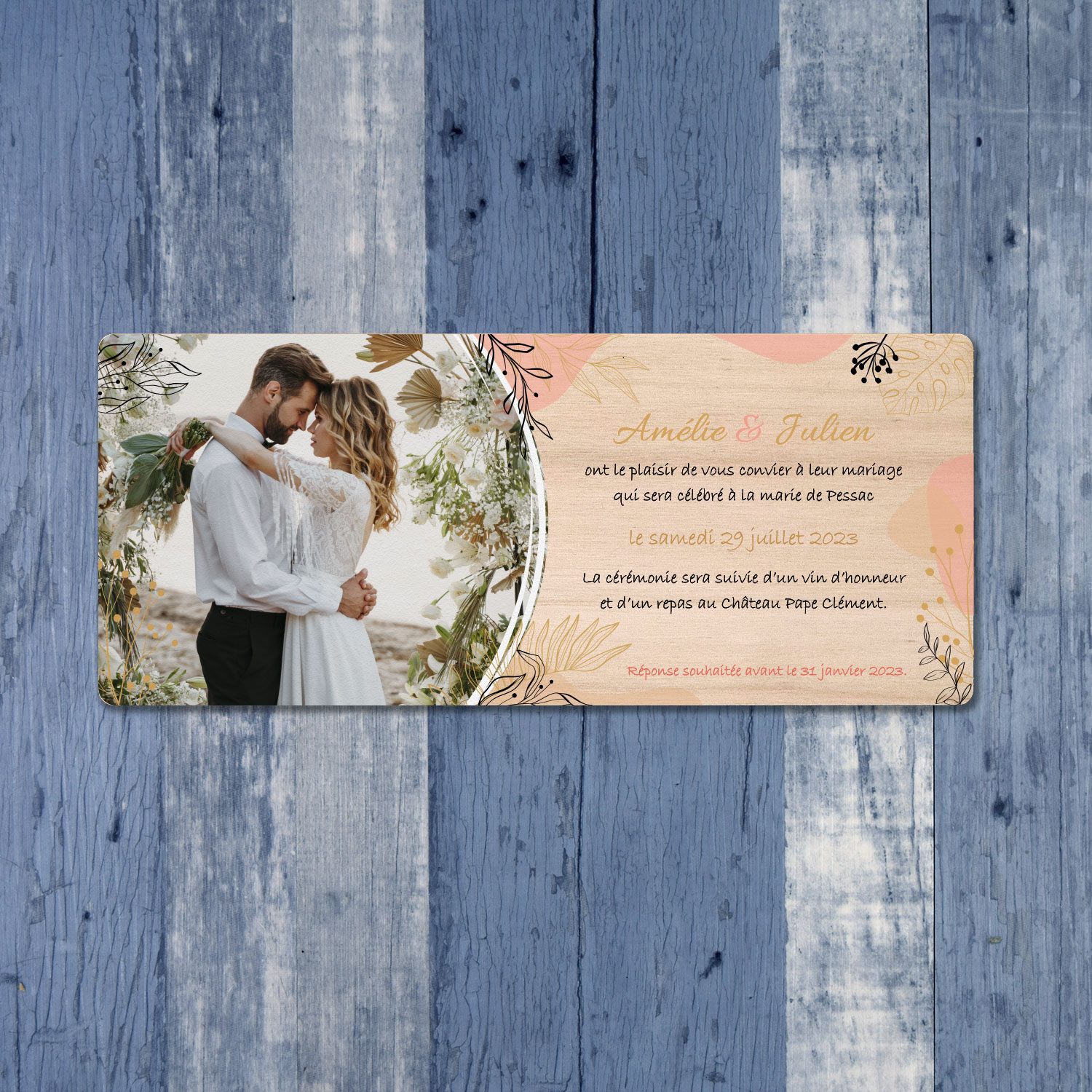 Faire part mariage avec photo de couple imprimé sur bois